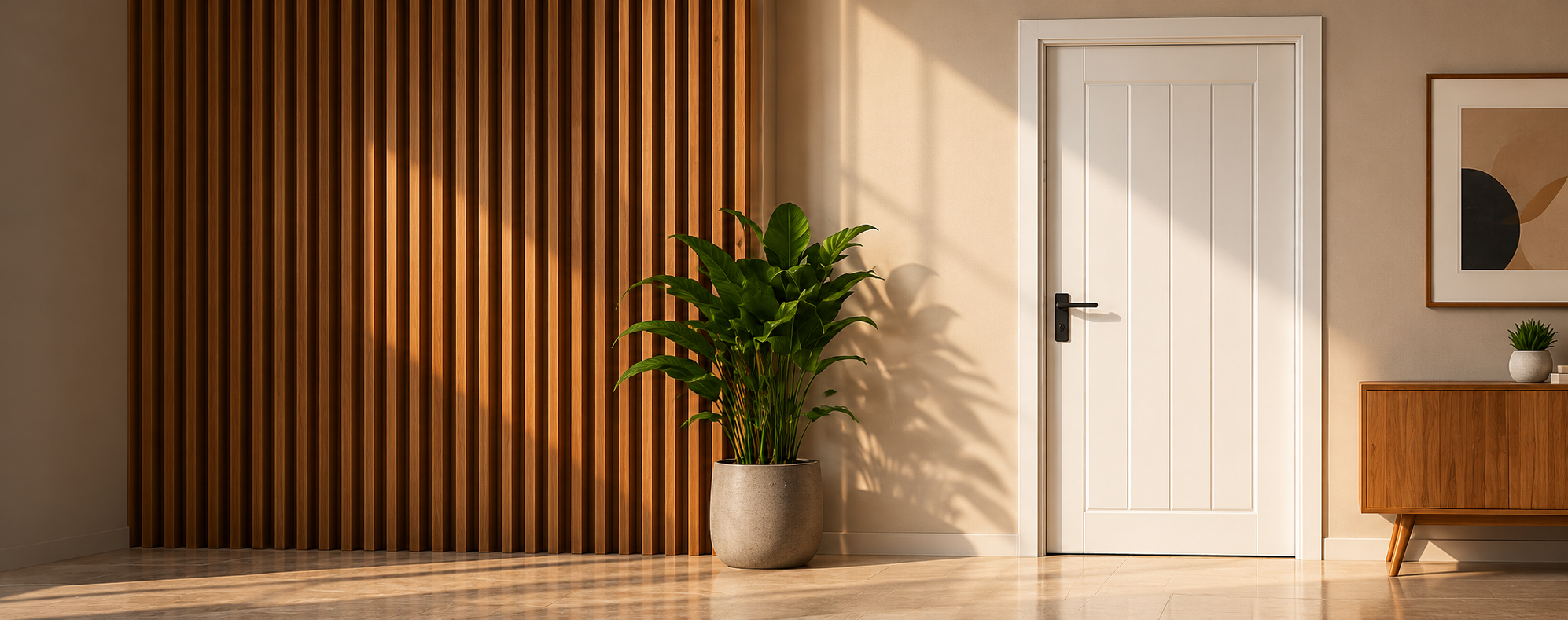 Warm modern interior with a wooden door